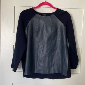 Genuine leather front navy knit sweater